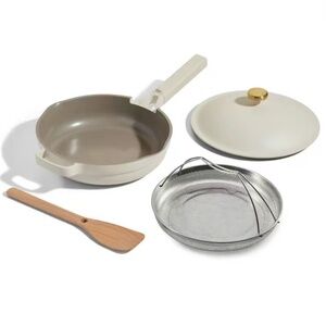 Our Place 4PC Aluminum Ceramic Glass Pan Cookware Set Cream Pans Steamer Basket